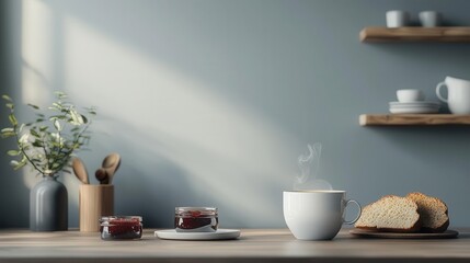 Obraz premium Morning cafe scene, espresso pouring, bread and jam on the table, 3D illustration