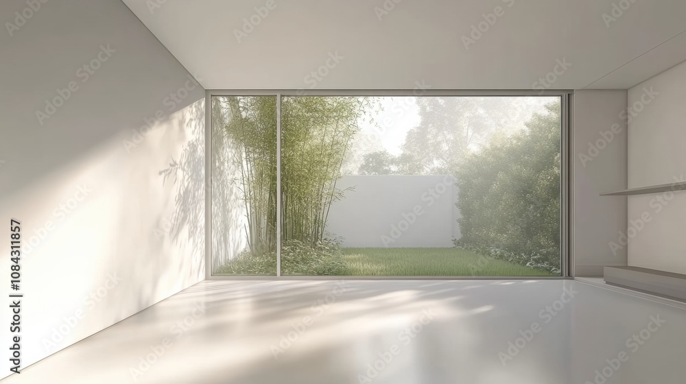 Leinwandbilder a spacious living room features large windows allowing natural light and views of lush greenery in t
