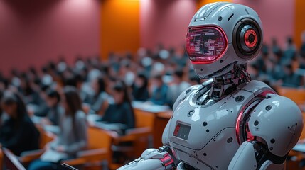 Fototapeta premium The Future of Education: A humanoid robot stands confidently at the front of a classroom, addressing a crowd of students, symbolizing the growing role of technology in education.
