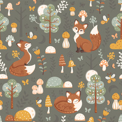 Seamless pattern with cute little foxes, trees, mushrooms, butterflies and moons in a green autumn forest. Repeated surface vector design.