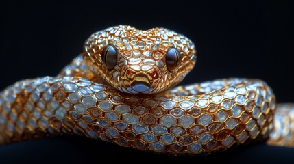 Fototapeta premium The majestic snake curls elegantly, its shimmering golden scales glistening under soft light, making it a mesmerizing focal point of nature's artistry