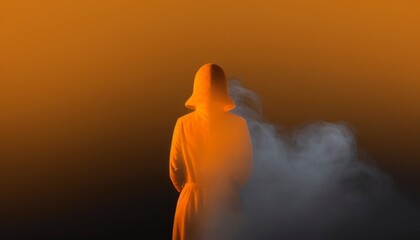 Mysterious Person Silhouette in Orange and White Gray Smoke Gradient Light Background