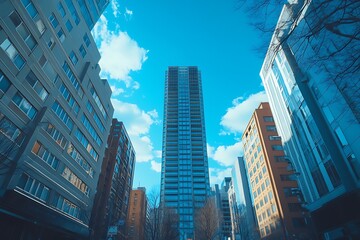 Fototapeta premium Vertical View of Modern Skyscraper and Cloudy Sky in City Street