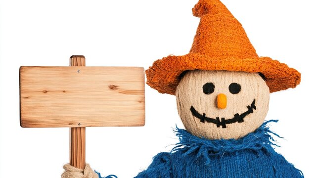 A cheerful scarecrow wearing an orange hat and blue shirt holds a blank wooden sign, ready to greet visitors in a harvest setting.