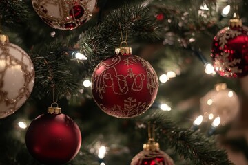 Festive red and gold christmas ornaments on tree with twinkling lights.