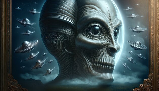 UFO and alien images in the form of different compositions created with artificial intelligence.