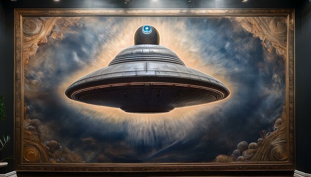 UFO and alien images in the form of different compositions created with artificial intelligence.