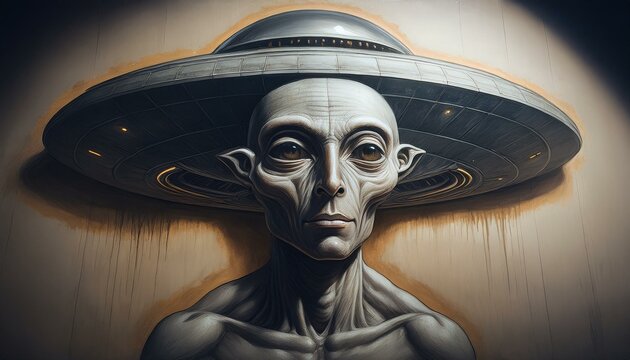 UFO and alien images in the form of different compositions created with artificial intelligence.