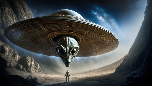 UFO and alien images in the form of different compositions created with artificial intelligence.
