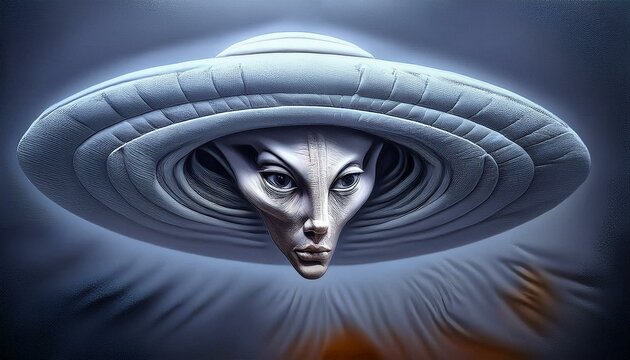 UFO and alien images in the form of different compositions created with artificial intelligence.