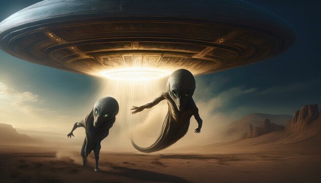 UFO and alien images in the form of different compositions created with artificial intelligence.