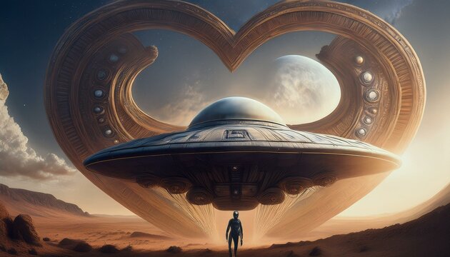 UFO and alien images in the form of different compositions created with artificial intelligence.