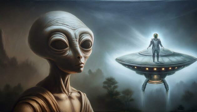 UFO and alien images in the form of different compositions created with artificial intelligence.