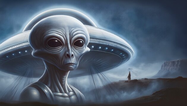 UFO and alien images in the form of different compositions created with artificial intelligence.