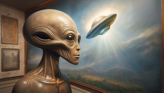 UFO and alien images in the form of different compositions created with artificial intelligence.