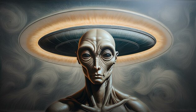 UFO and alien images in the form of different compositions created with artificial intelligence.
