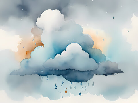 watercolor art, cloud and raindrop painting, in the style of minimalist illustrator, soft watercolours, light gray and dark azure, animated gifs, light aquamarine and dark ambe
