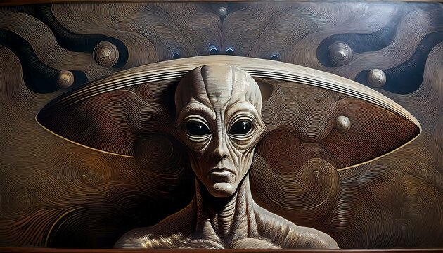 UFO and alien images in the form of different compositions created with artificial intelligence.