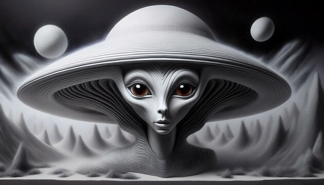 UFO and alien images in the form of different compositions created with artificial intelligence.