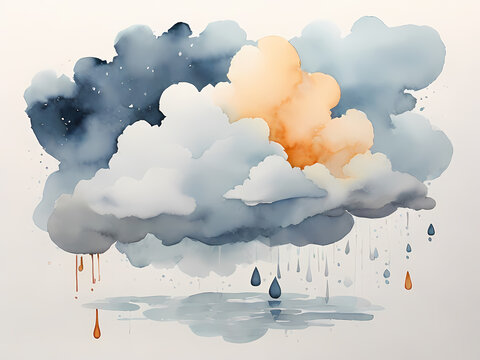 watercolor art, cloud and raindrop painting, in the style of minimalist illustrator, soft watercolours, light gray and dark azure, animated gifs, light aquamarine and dark ambe