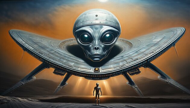 UFO and alien images in the form of different compositions created with artificial intelligence.