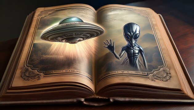 UFO and alien images in the form of different compositions created with artificial intelligence.