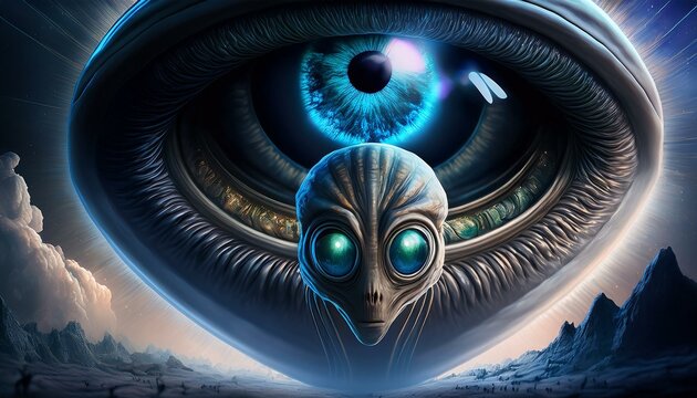 UFO and alien images in the form of different compositions created with artificial intelligence.