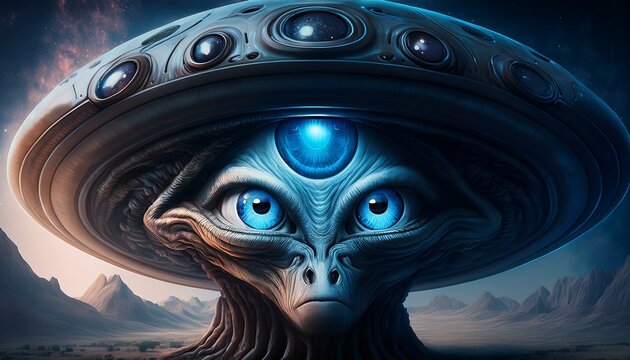 UFO and alien images in the form of different compositions created with artificial intelligence.