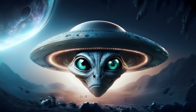 UFO and alien images in the form of different compositions created with artificial intelligence.
