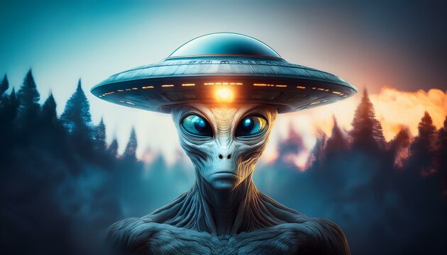 UFO and alien images in the form of different compositions created with artificial intelligence.