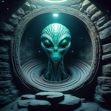 UFO and alien images in the form of different compositions created with artificial intelligence.