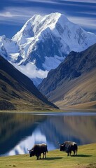 Yaks by the Mountain Lake:  Two majestic yaks graze peacefully against the backdrop of a towering, snow-capped mountain and a tranquil lake.