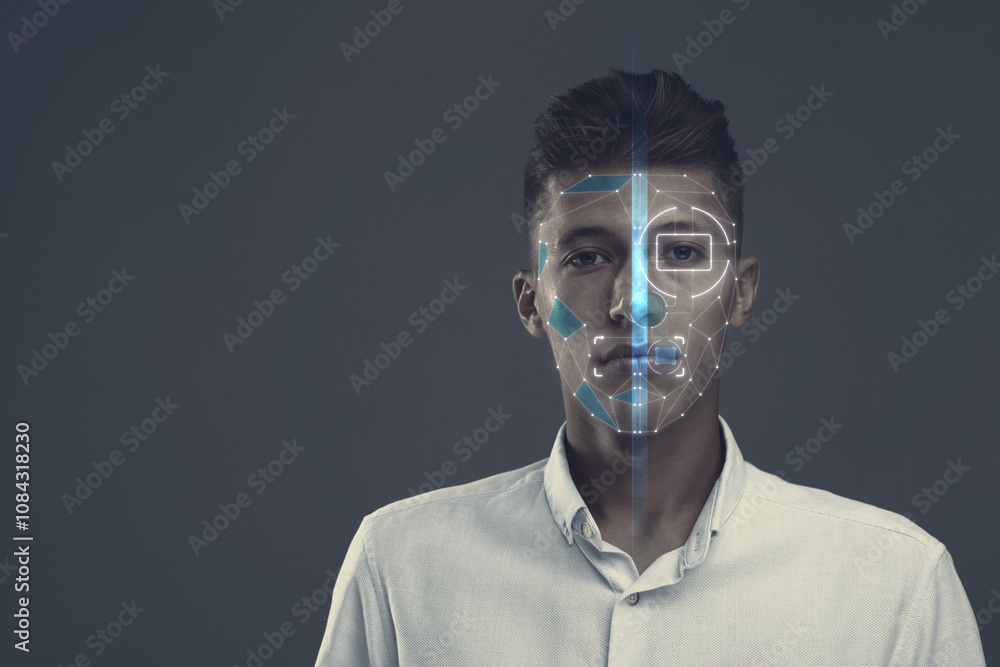 Poster facial and iris recognition system. man undergoing biometric verification on grey background