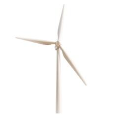 A tall wind turbine with three blades, harnessing renewable wind energy against a white background.