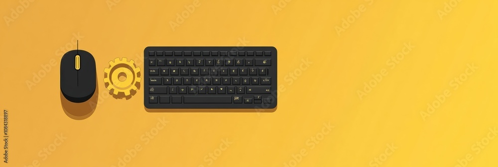 Poster a black keyboard sits next to a black mouse, overlaid with a yellow gear on a vibrant yellow backgro