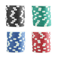 Set of different poker chips on white background