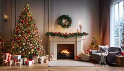 stylish Christmas interior with decorated tree, gifts and fireplace, made with Generative AI