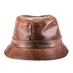 A stylish brown leather bucket hat, featuring a smooth texture and a wide brim, perfect for casual and fashionable outdoor wear.