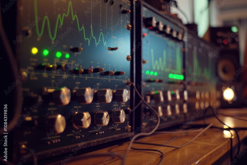 Poster vintage analog oscilloscope is displaying a green waveform on its screen, in a laboratory setting