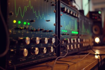 Vintage analog oscilloscope is displaying a green waveform on its screen, in a laboratory setting