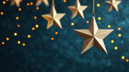 Glowing Christmas stars hanging from the ceiling, warm and cozy room setting, 3D illustration