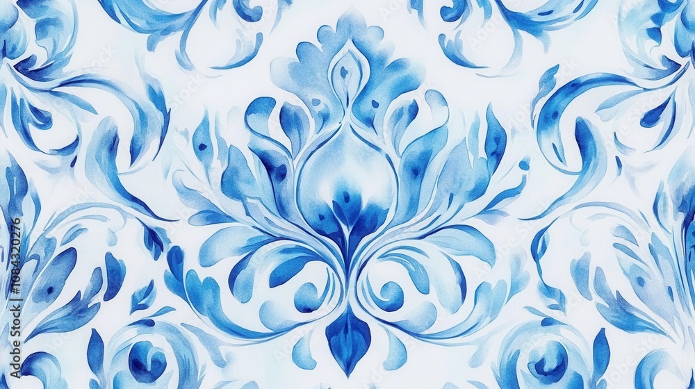 Poster a serene blue floral pattern featuring intricate swirls and curves, creating a calming and artistic 