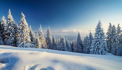 Obraz premium Winter landscape with fir trees and snow. Winter background. For design flyer, banner, poster, invitation