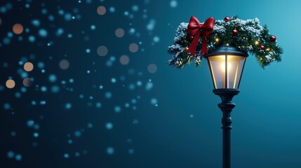 Christmas street lamp glowing, decorated with garlands and a festive bow, snowy surroundings, 3D illustration