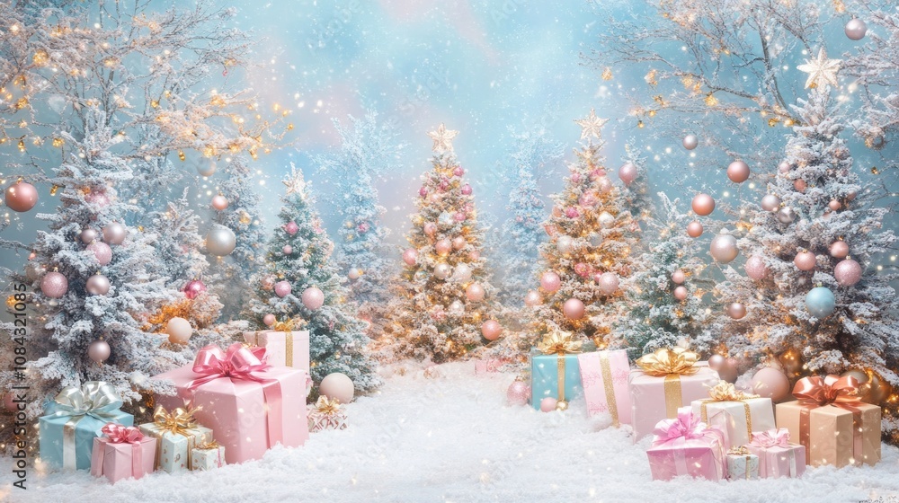 Poster a christmas scene with a white background and a row of trees with pink
