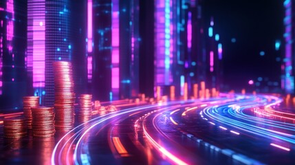 Futuristic neon glowing street with gold coins latest business graphic concept background wallpaper AI generated image