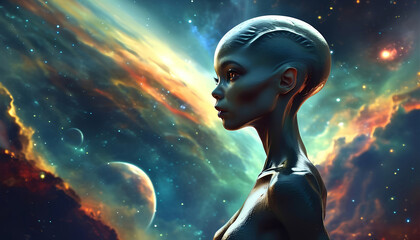 Alien women – captivating beings from space, AI-generated art. A fantastic blend of science fiction and art, showcasing mysterious creatures from distant galaxies. 