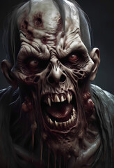 AI-generated zombie. Digital horror art, dark human transformation.