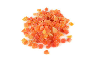 Dried pieces of papaya, close-up, isolated on white.