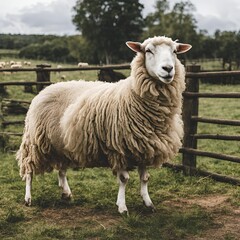 Obraz premium Furry sheep with farm view